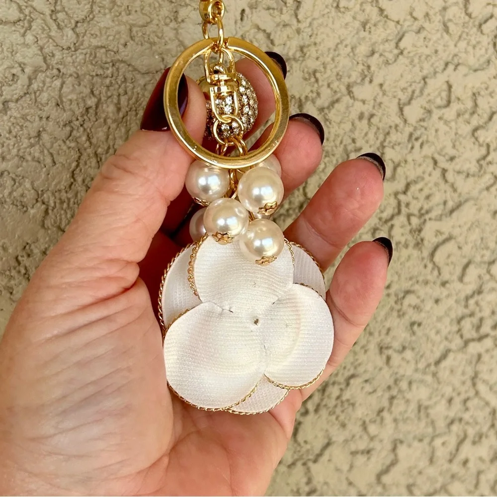 Luxe White Flower Gold Accented Keychain/ Bag Charm